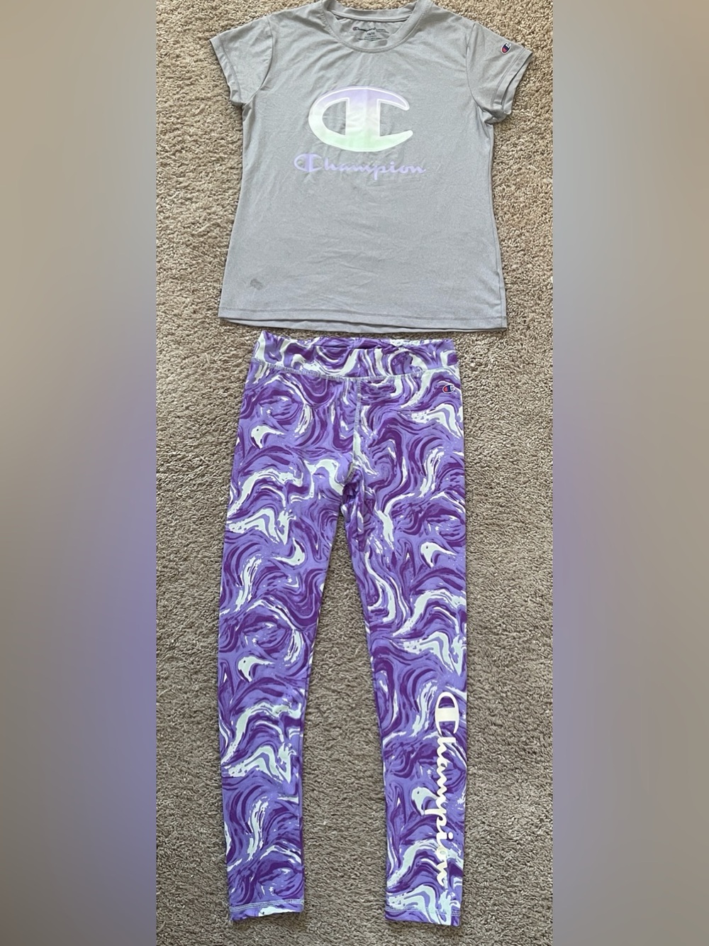 Champion girls 2 piece s/s grey logo top & purple swirl athletic leggings 14/16